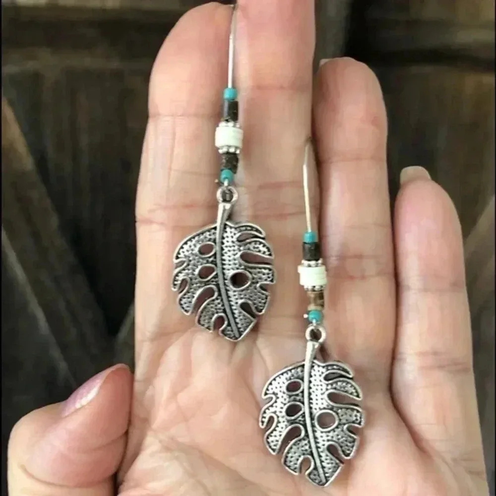 Tropical Silver Filigree Leaf Bead Drop Earrings NWT